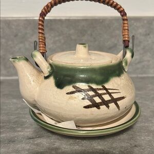 Vintage Japanese Artistic Ceramic hand painted Teapot  Green and Brown Design